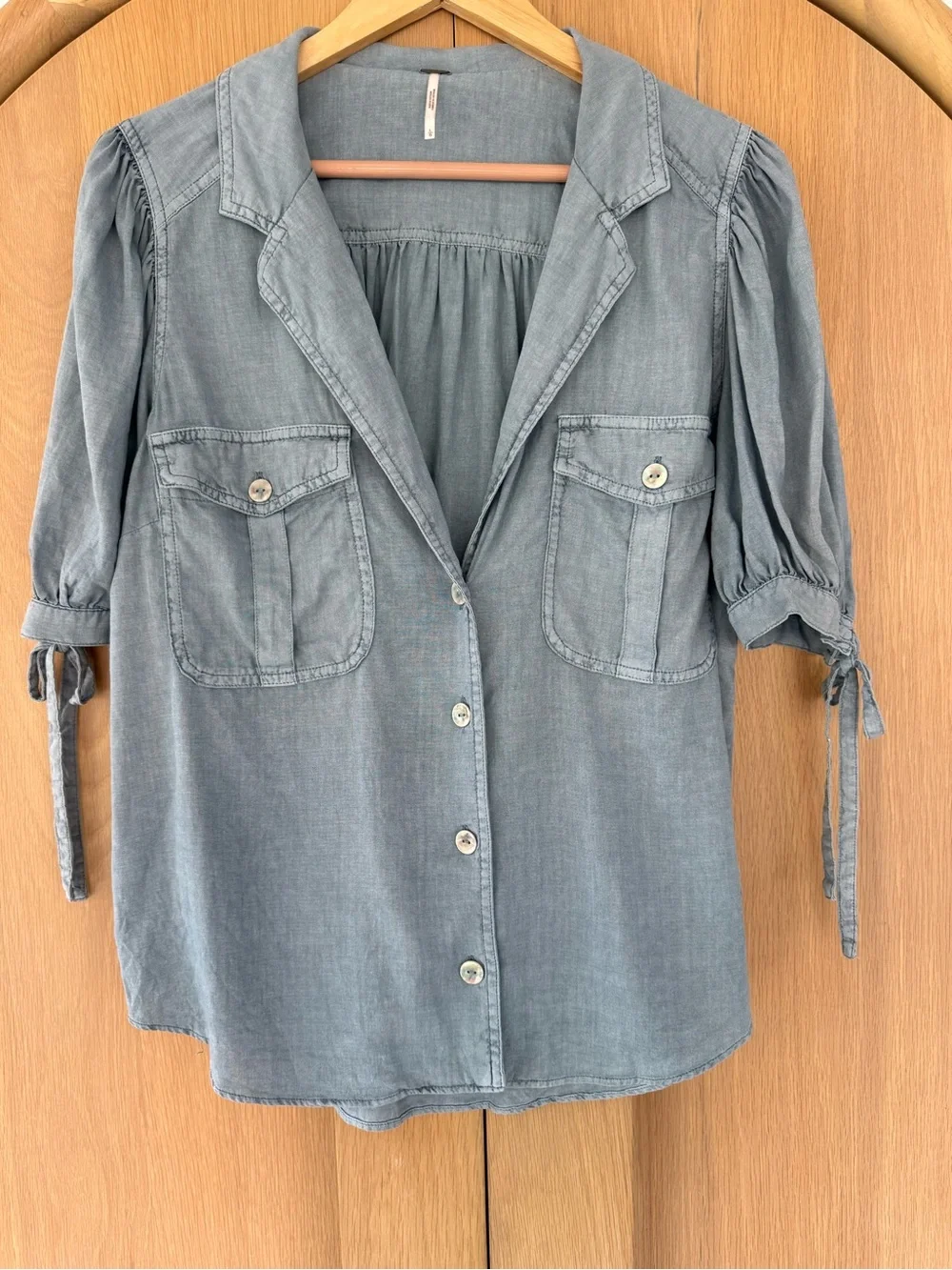 Free People Button-Front Shirt Puff Sleeves Slate Blue Size Large
